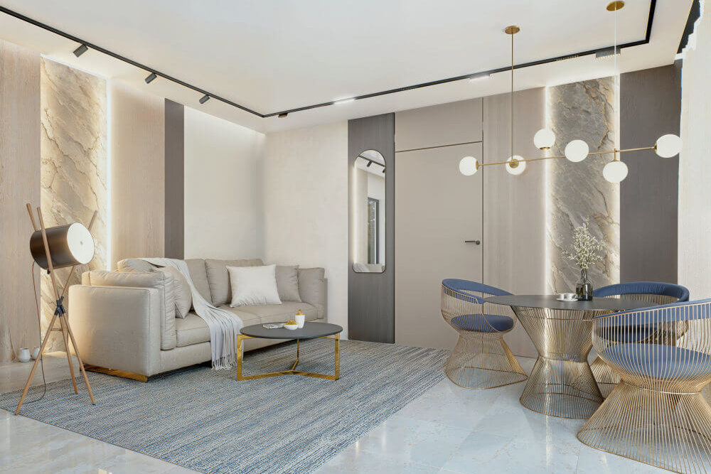 salon w domu modułowym z dachem dwuspadowym salon w domu modułowym z dachem dwuspadowym